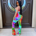 Color printed pleated suspenders jumpsuit A tight, elastic one-piece garment